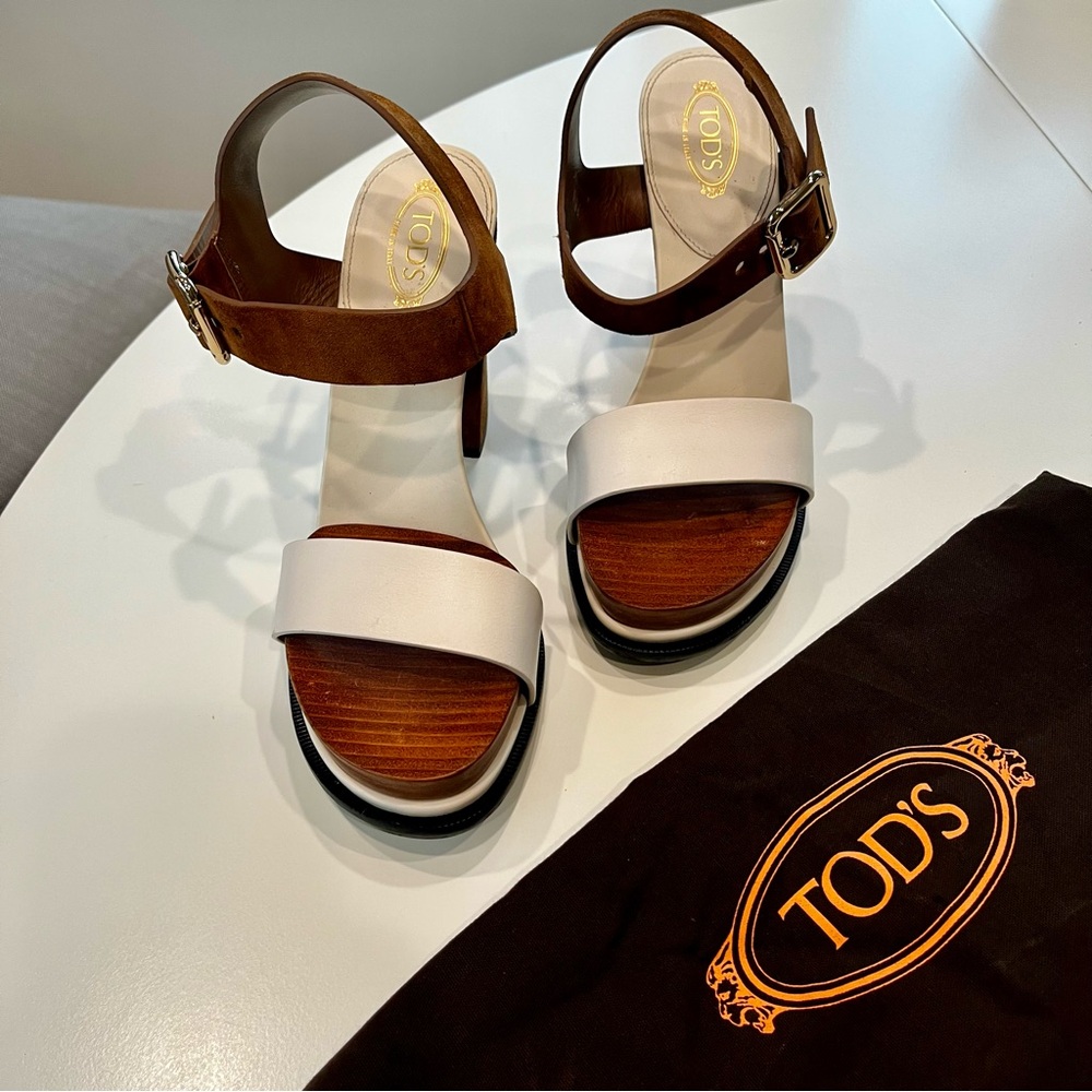 Tods Leather Platform Sandals Brown and White - Picture 3 of 12